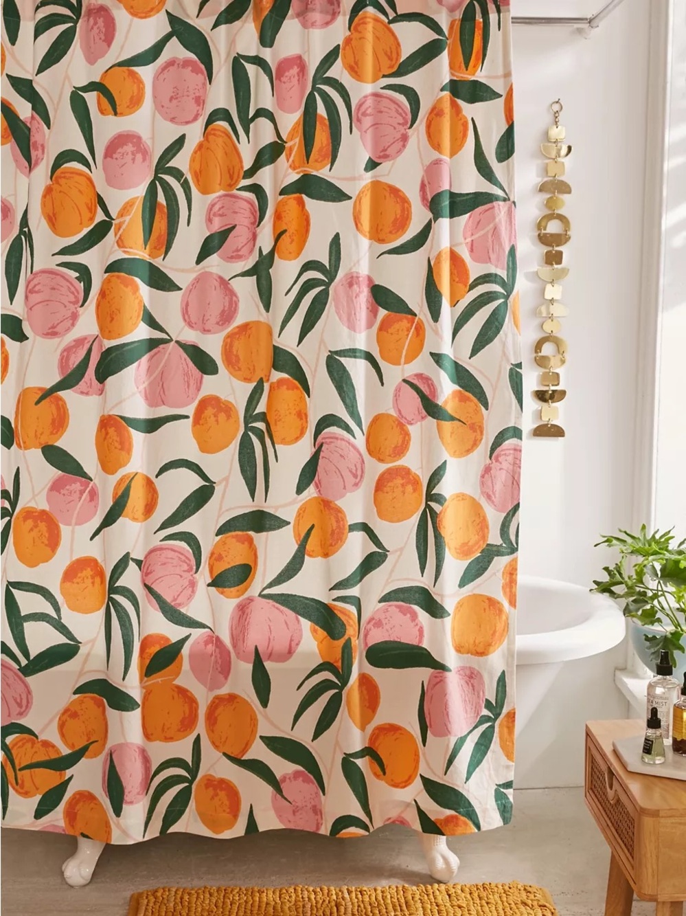 Urban Outfitters All Over Fruit Peach Print Shower Curtain – Pink & Orange
